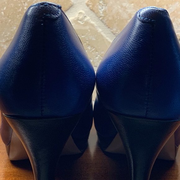 NINE WEST Blue Leather Pink Peep Toe Heels, Sz 7 - Picture 7 of 10